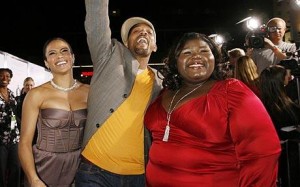 actresses Gabourey Sidibe (R) and Paula Patton (L), stars of the new film 'Precious' with Will Smith at the AFI Fest’s L.A. premiere of the film – Nov. 1, 2009