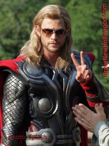 Chris Hemsworth, as THOR in "The Avengers," shooting a big scene in Central Park, NY - photo: Splash