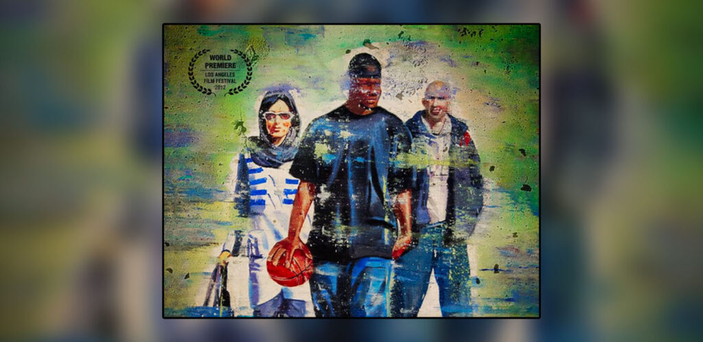 film poster for THE ITRAN JOB basketball documentary film (year 2012) features a sketch of American basketball player Kevin Sheppard holding a basketball, and Iranian woman wearing the traditional islamic hejab on her head, to his right and Kevin's Iranian friend and guide to his left.