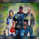 film poster for THE ITRAN JOB basketball documentary film (year 2012) features a sketch of American basketball player Kevin Sheppard holding a basketball, and Iranian woman wearing the traditional islamic hejab on her head, to his right and Kevin's Iranian friend and guide to his left.