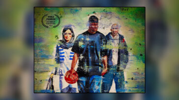 film poster for THE ITRAN JOB basketball documentary film (year 2012) features a sketch of American basketball player Kevin Sheppard holding a basketball, and Iranian woman wearing the traditional islamic hejab on her head, to his right and Kevin's Iranian friend and guide to his left.