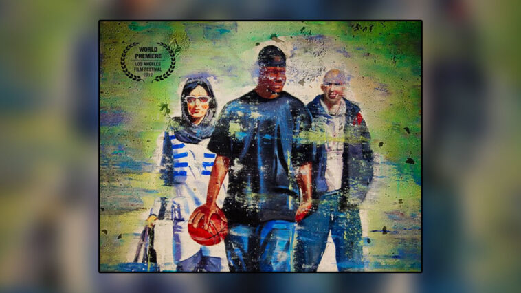 film poster for THE ITRAN JOB basketball documentary film (year 2012) features a sketch of American basketball player Kevin Sheppard holding a basketball, and Iranian woman wearing the traditional islamic hejab on her head, to his right and Kevin's Iranian friend and guide to his left.